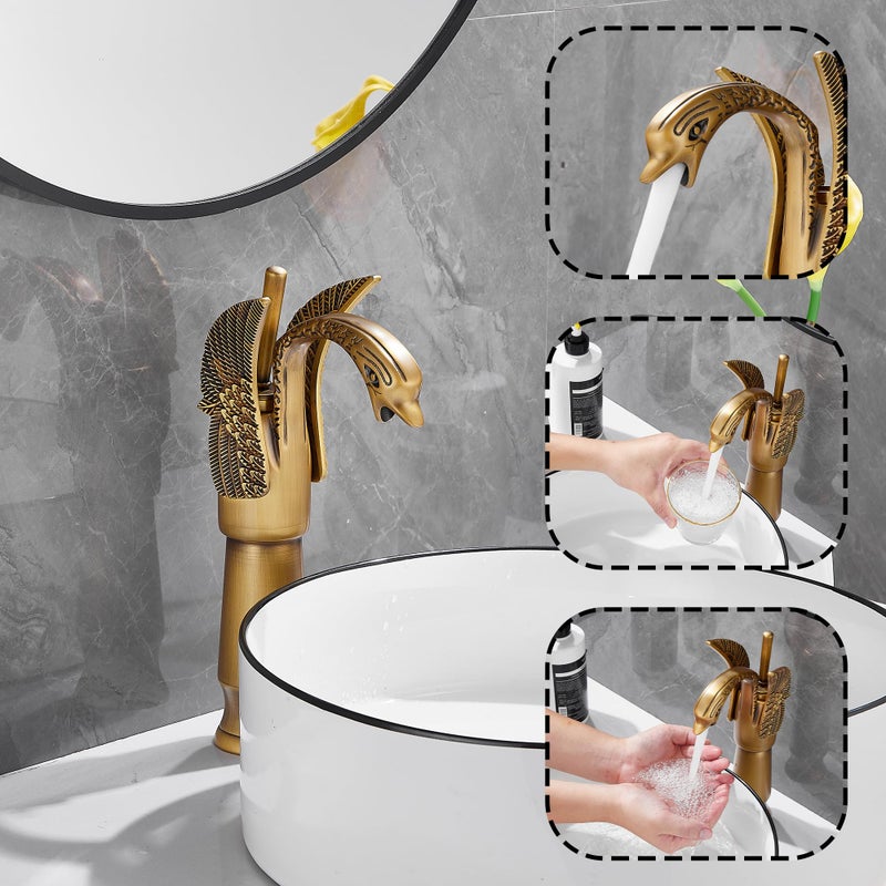 GGStudy Antique Brass Swan Shape Single Handle One Hole Bathroom Vessel Sink Faucet Deck Mount Lavatory Sink Faucet - Image 4